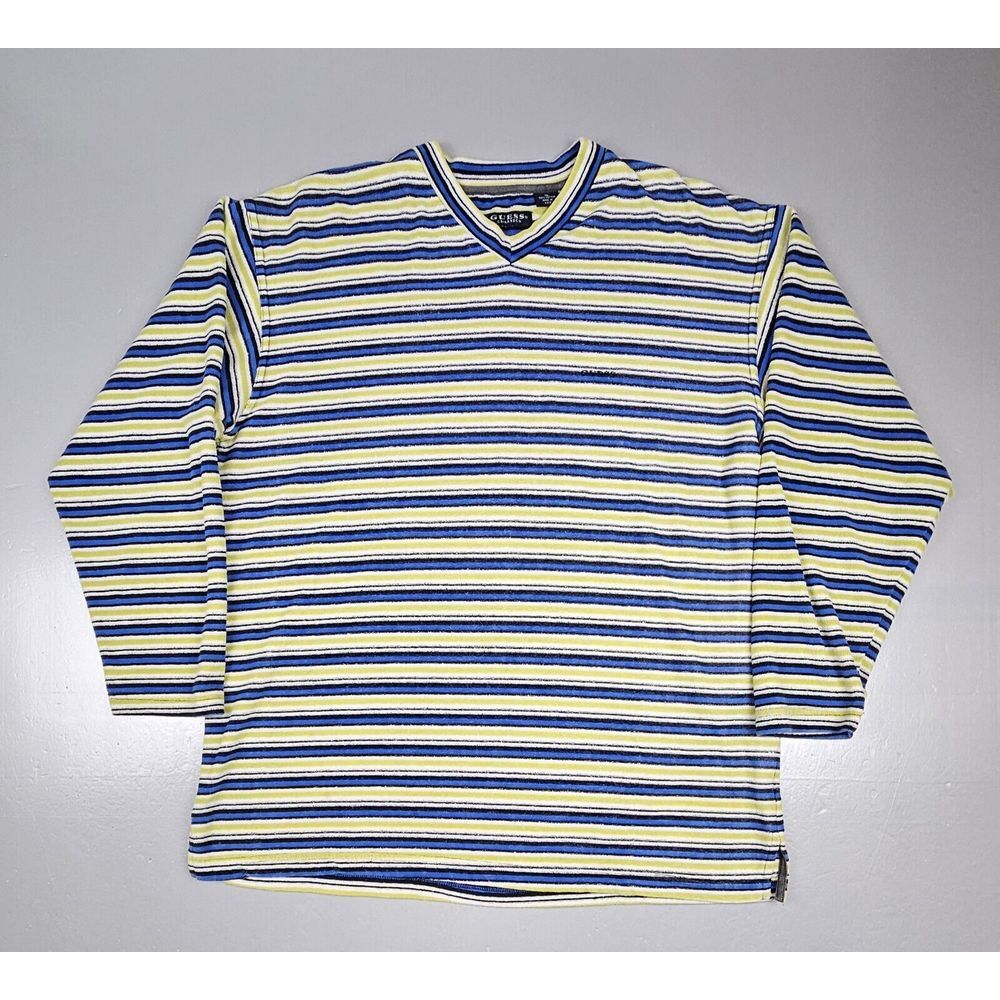 Guess Velour Sweater Mens XL. Vintage Classic Striped Pullover. Green White Blue